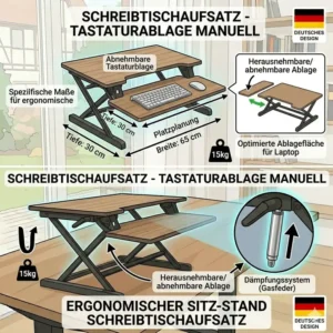 Fokus auf die abnehmbare Tastaturablage beim schreibtischaufsatz manuell bis 15 kg.