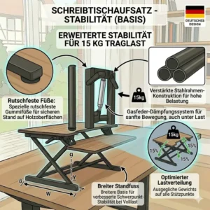 Illustration der stabilen Basis und rutschfesten Füße am schreibtischaufsatz manuell bis 15 kg.
