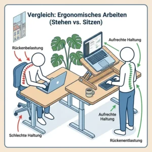 Grafik zum Vergleich der Körperhaltung: Richtig stehen mit einem laptop schreibtischaufsatz ergonomisch gegen falsches Sitzen am Schreibtisch.