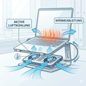 Illustration des Luftstroms und der Hitzeableitung beim laptop schreibtischaufsatz kühlung.