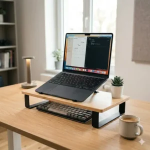 Höhenverstellbarer laptop schreibtischaufsatz modern von der Seite zeigt ergonomischen Winkel.
