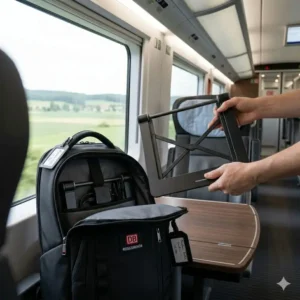 Ein zusammengeklappter laptop schreibtischaufsatz für reisen wird in einen Rucksack gepackt.