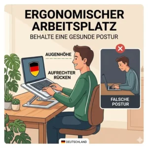 Infografik zur Ergonomie: Verbesserung der Körperhaltung durch einen laptop schreibtischaufsatz leicht auf Augenhöhe.