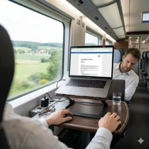 Ergonomisches Arbeiten mit dem laptop schreibtischaufsatz für reisen im ICE Abteil.
