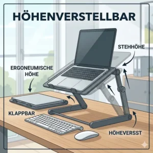 Ein höhenverstellbarer laptop schreibtischaufsatz klappbar zur Anpassung der optimalen Arbeitshöhe.