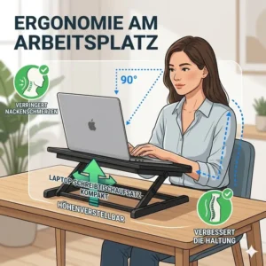 Die stufenlose Höhenverstellung beim laptop schreibtischaufsatz kompakt für bessere Ergonomie.