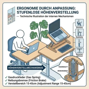 Technische Illustration der stufenlosen Höhenverstellung eines laptop schreibtischaufsatz ergonomisch Modells.