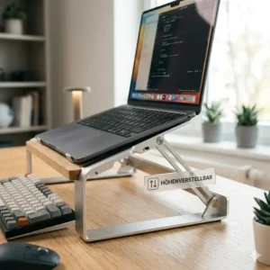 Minimalistisches Home Office mit weißem laptop schreibtischaufsatz modern auf Holztisch.