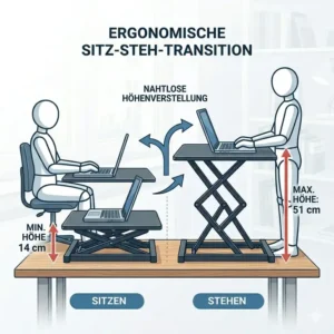 Illustration der einfachen Umstellung zwischen Sitzen und Stehen mit dem laptop schreibtischaufsatz höhenverstellbar.