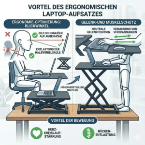 Korrekte Körperhaltung und Nackenentlastung durch die Nutzung eines laptop schreibtischaufsatz höhenverstellbar.