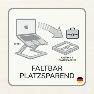 Diagramm eines klappbaren laptop schreibtischaufsatz leicht für platzsparende Aufbewahrung in der Tasche.