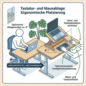 Detailansicht der separaten Tastaturablage für einen laptop schreibtischaufsatz ergonomisch zur Entlastung der Handgelenke.