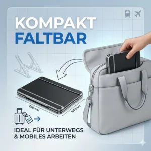 Ein faltbarer mobiler laptop schreibtischaufsatz kompakt für das Arbeiten unterwegs.