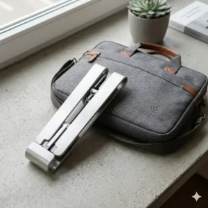 Zusammengeklappter mobiler laptop schreibtischaufsatz klappbar neben einer Laptoptasche für unterwegs.