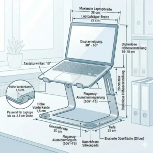 Technische Zeichnung mit genauen Abmessungen für den laptop schreibtischaufsatz kühlung.