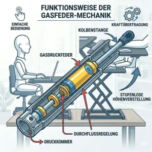 Nahaufnahme des reibungslosen Gasfeder-Mechanismus beim laptop schreibtischaufsatz höhenverstellbar.