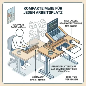 Maßskizze für einen kompakten laptop schreibtischaufsatz ergonomisch auf kleinen Arbeitsflächen.