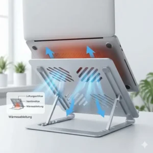 Unteransicht von einem laptop schreibtischaufsatz klappbar mit Lüftungsschlitzen zur Kühlung.