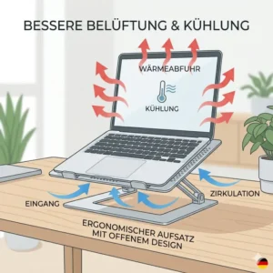 Illustration der verbesserten Luftzirkulation und Kühlung für Notebooks durch einen laptop schreibtischaufsatz leicht mit offenem Design.