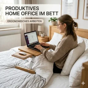 Flexibles Home Office mit einem laptop schreibtischaufsatz bett für Remote Work.