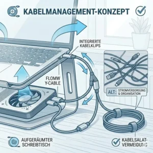 Kabelmanagement und Ordnung auf dem Tisch mit dem laptop schreibtischaufsatz kühlung.
