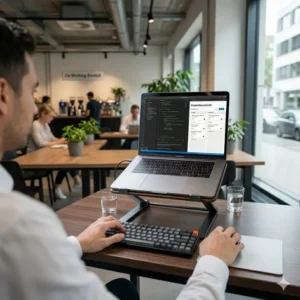 Ein digitaler Nomade nutzt den laptop schreibtischaufsatz für reisen im Co-Working Bereich.