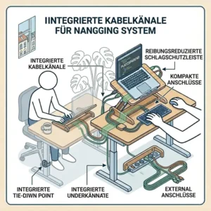 Illustration des integrierten Kabelmanagements an einem laptop schreibtischaufsatz ergonomisch für einen ordentlichen Arbeitsplatz.