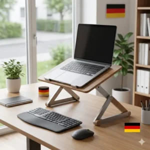 Der laptop schreibtischaufsatz klappbar ermöglicht das ergonomische Arbeiten im Stehen.