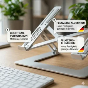 Detailansicht der hochwertigen, leichten Materialien wie Aluminium für einen stabilen laptop schreibtischaufsatz leicht.