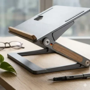 Hochwertiger laptop schreibtischaufsatz klappbar aus robustem Aluminium im silbernen Design.