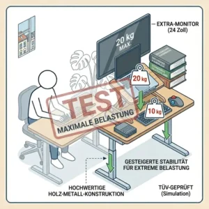 Infografik zur Stabilität und maximalen Belastbarkeit des laptop schreibtischaufsatz ergonomisch mit zusätzlichem Monitor.