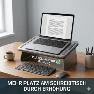 Mehr Platz auf dem Tisch durch einen laptop schreibtischaufsatz kompakt mit Stauraum für Tastatur.