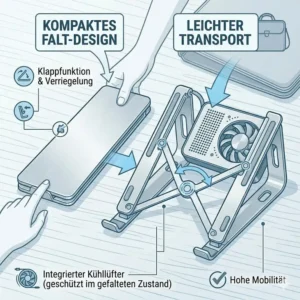 Faltbares und leicht transportables Design des laptop schreibtischaufsatz kühlung für unterwegs.