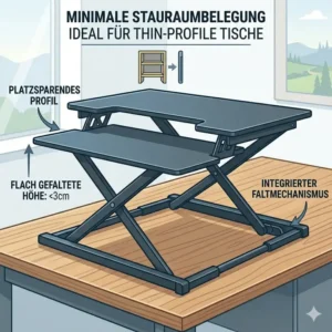 Platzsparendes Design im zusammengeklappten Zustand des laptop schreibtischaufsatz höhenverstellbar.