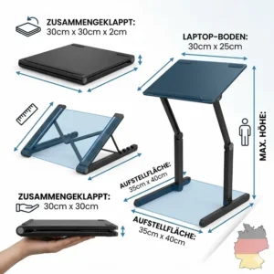 Infografik mit den exakten Maßen für den laptop schreibtischaufsatz klappbar im ausgeklappten Zustand.