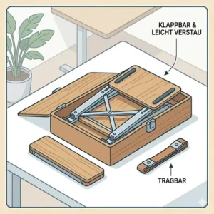 Darstellung eines flach zusammenklappbaren laptop schreibtischaufsatz ergonomisch Modells zum einfachen Verstauen.