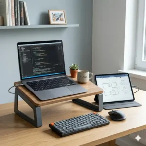 Minimalistischer Arbeitsplatz mit einem laptop schreibtischaufsatz kompakt für Laptop und Tablet.