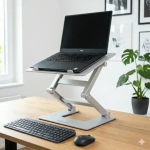 Minimalistisches Schreibtisch-Setup mit Laptop schreibtischaufsatz aluminium