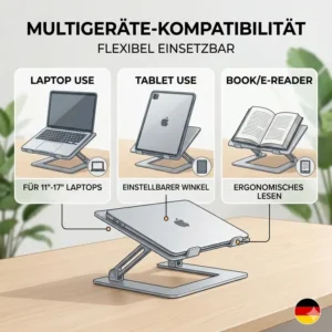 Illustration der vielseitigen Nutzung des laptop schreibtischaufsatz leicht für Laptops und Tablets im Home Office.