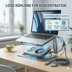 Infografik zur minimalen Lautstärke der leisen Lüfter im laptop schreibtischaufsatz kühlung.