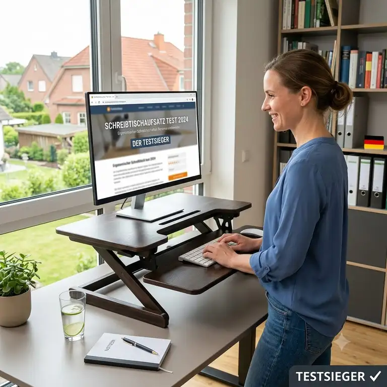 Ergonomischer Schreibtischaufsatz Test: Ein moderner Schreibtisch mit Monitor, Tastatur und Laptop.