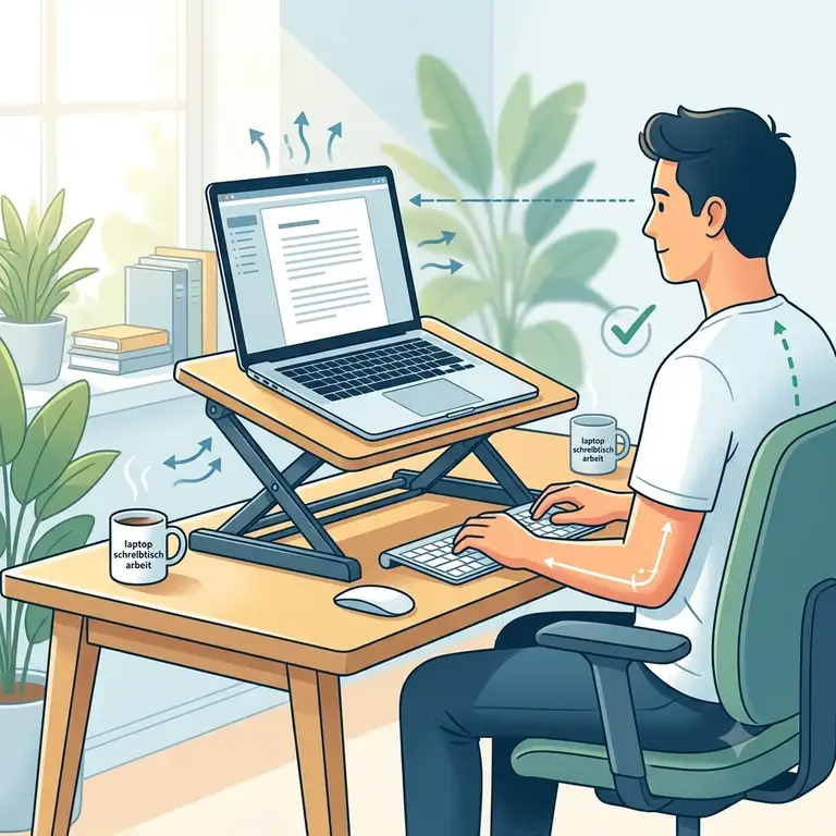Ein ergonomischer Laptop-Schreibtischaufsatz für die Arbeit im Büro sorgt für eine gesunde Haltung beim Stehen und Sitzen.