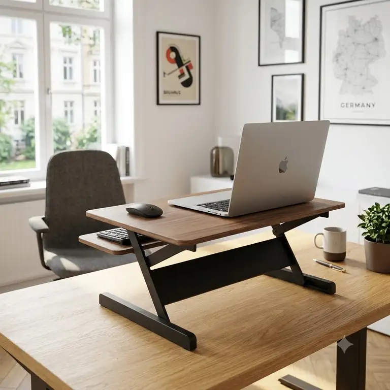 Ergonomischer laptop schreibtischaufsatz premium aus Holz in einem modernen Homeoffice für rückenschonendes Arbeiten im Stehen.