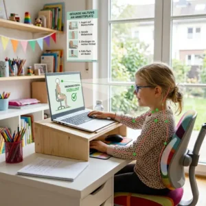 Richtige Körperhaltung für Kinder mit dem laptop schreibtischaufsatz kinder zur Vermeidung von Nackenschmerzen.
