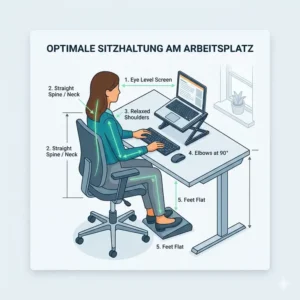 Illustration zur richtigen Körperhaltung beim Sitzen mit einem Laptop-Schreibtischaufsatz bei der Arbeit.