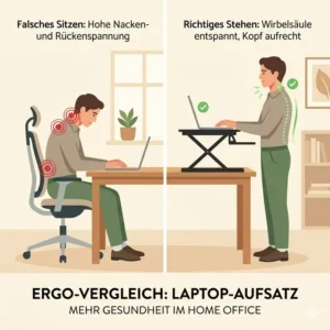Illustration zum Vergleich der Körperhaltung mit dem laptop schreibtischaufsatz home office.