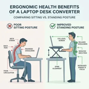 Illustration zur ergonomischen Haltung mit einem laptop schreibtischaufsatz premium zur Entlastung von Rücken und Nacken.