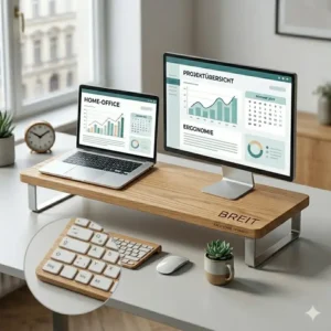 Ein duales Monitor-Setup auf dem laptop schreibtischaufsatz breit mit viel Platz für Zubehör.