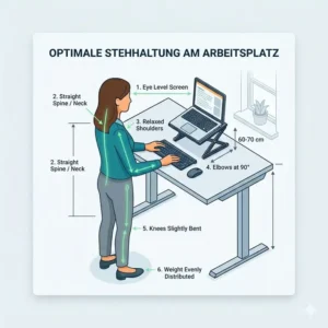 Grafik für gesundes Stehen am Arbeitsplatz durch einen höhenverstellbaren Laptop-Schreibtischaufsatz.