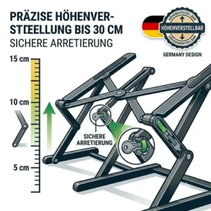 Infografik mit Maßen für einen verstellbaren laptop schreibtischaufsatz höhe bis 30 cm in der Detailansicht.